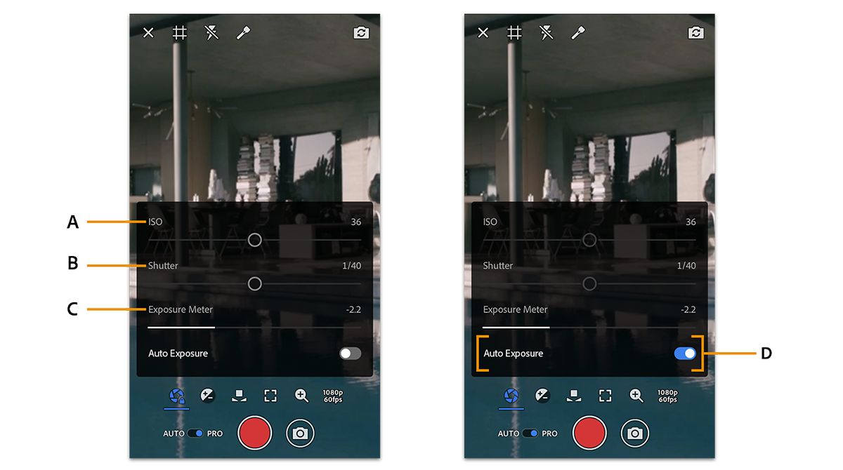 Premiere Rush の「プロ」モードの露光量オプション