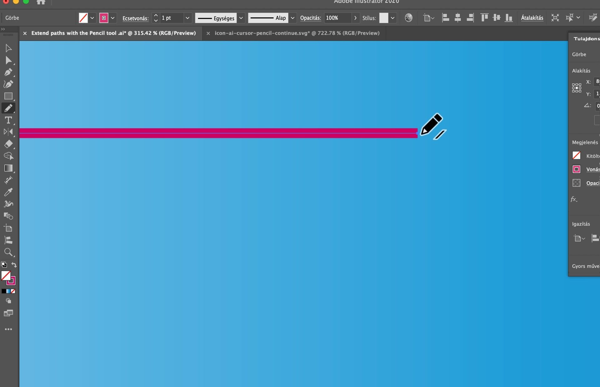 Illustrator vászon, amely mutatja, ahogy a Ceruza eszköz meghosszabbít egy egyenes rózsaszín görbét.