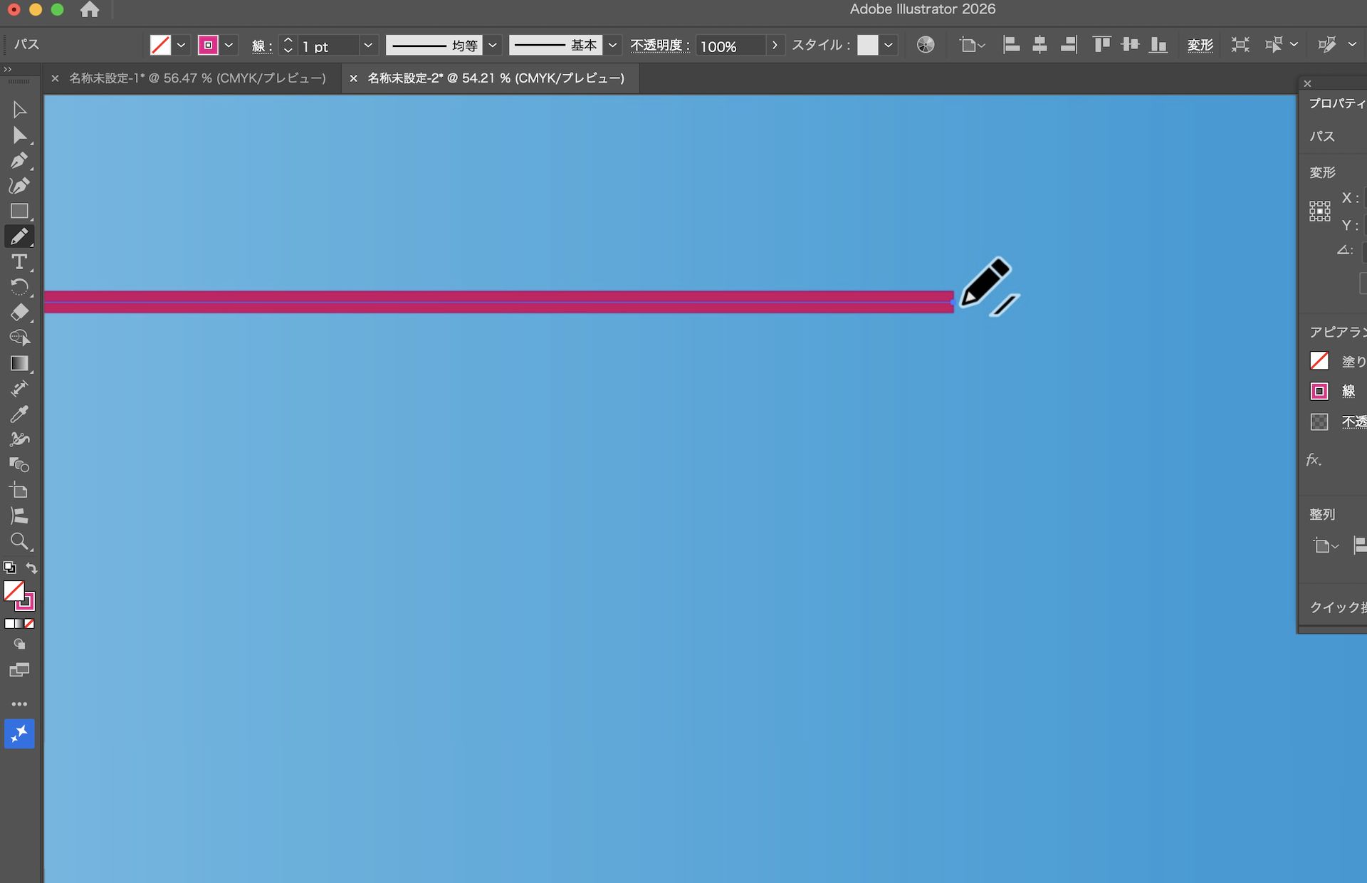 illustrator のカンバスに、ピンクの直線のパスを伸ばす鉛筆ツールが表示されています。