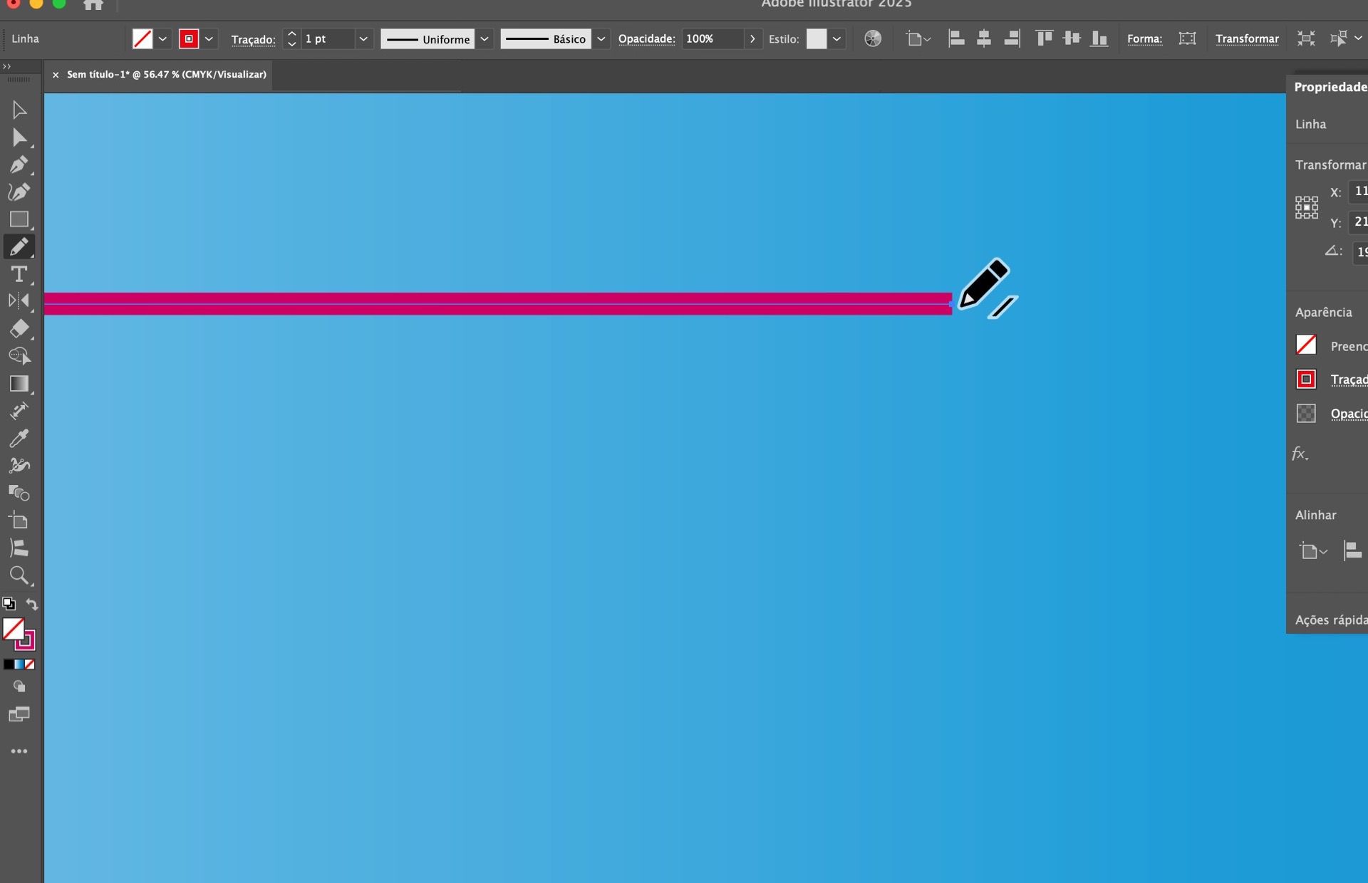 Tela do Illustrator mostrando a ferramenta Lápis estendendo um caminho rosa reto.