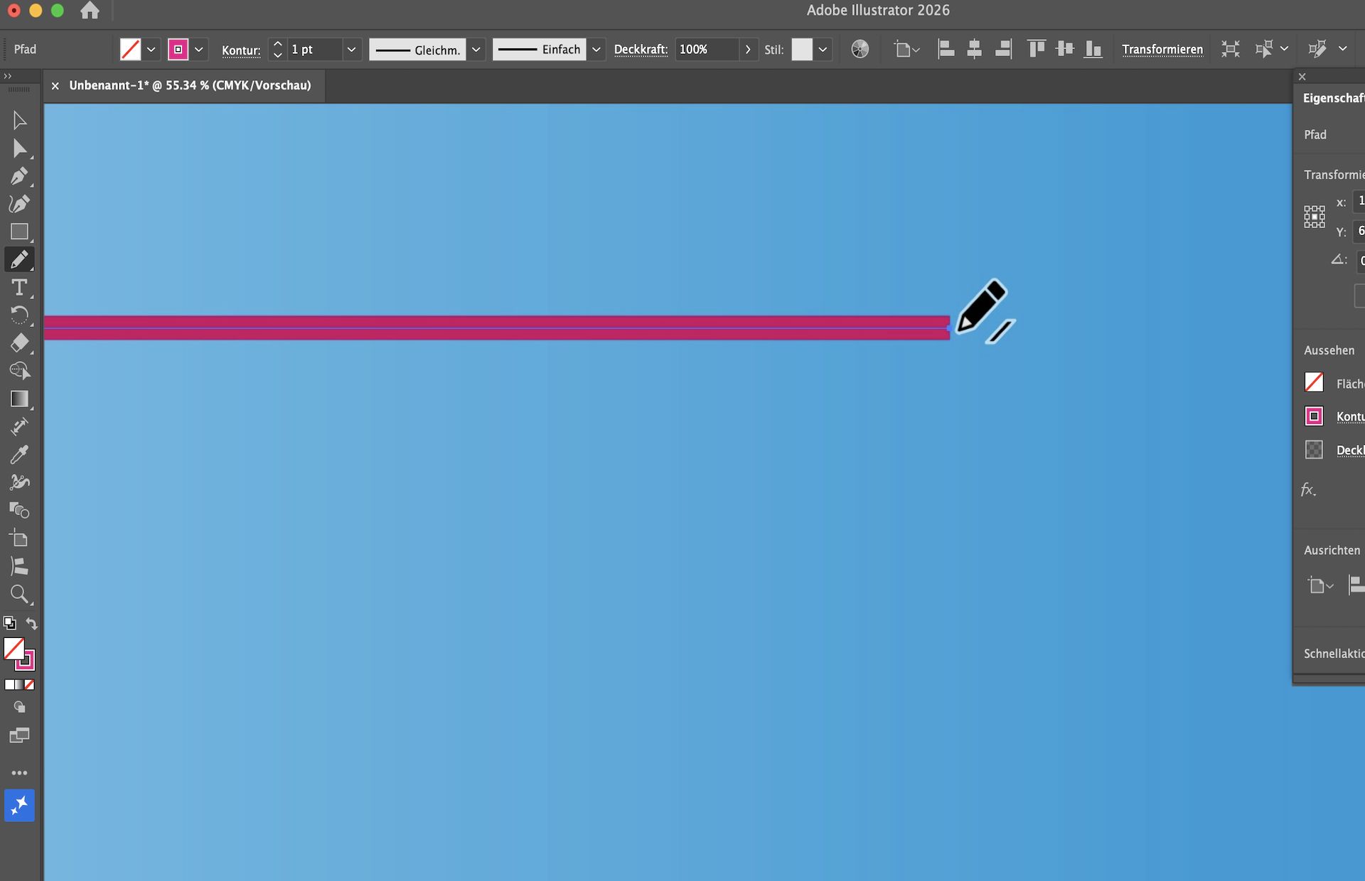 Illustrator-Arbeitsfläche zeigt Buntstift, der einen geraden rosa Pfad verlängert.