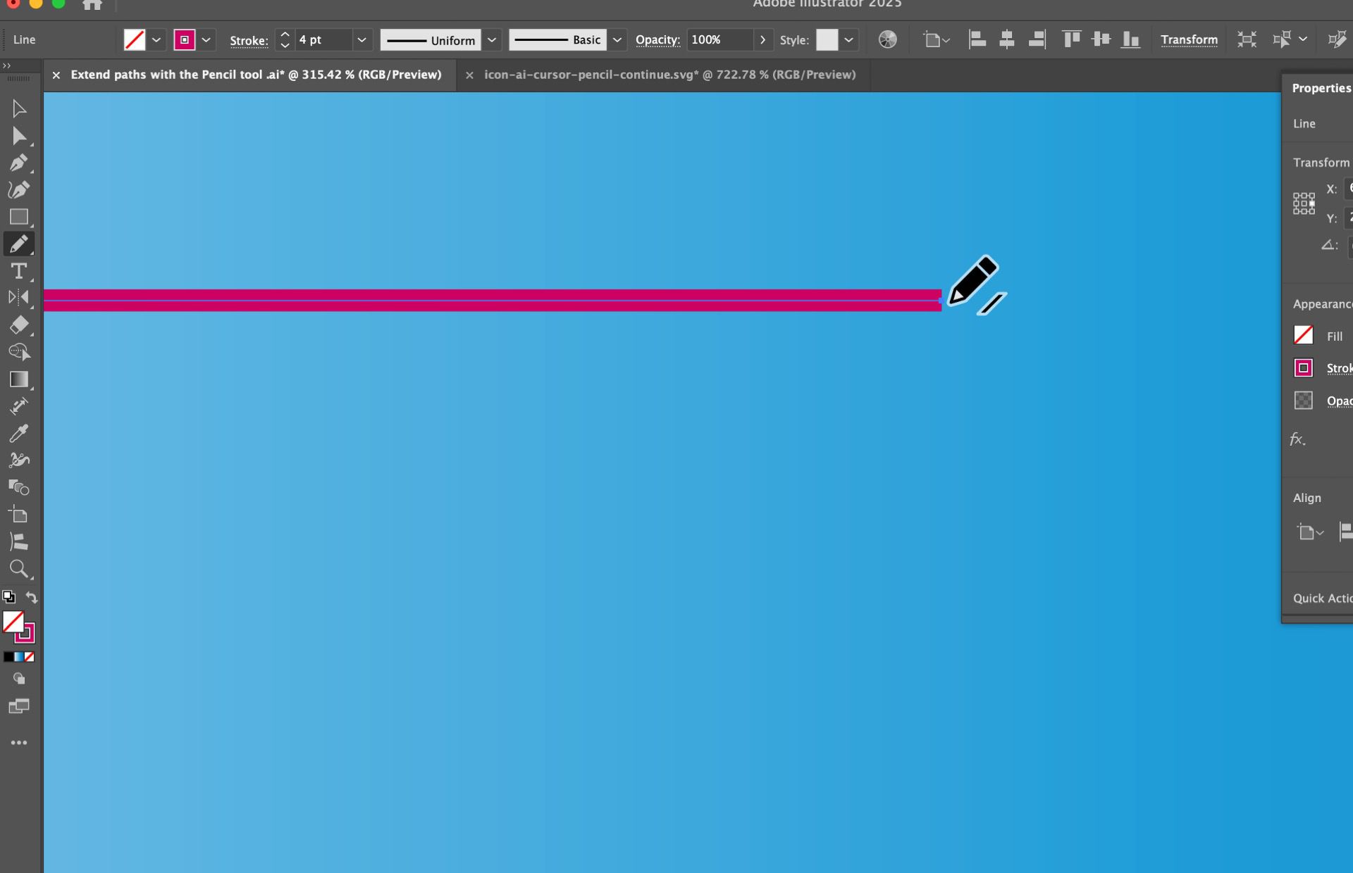 בד ציור של Illustrator שמציג את הכלי Pencil מאריך נתיב ורוד ישר.
