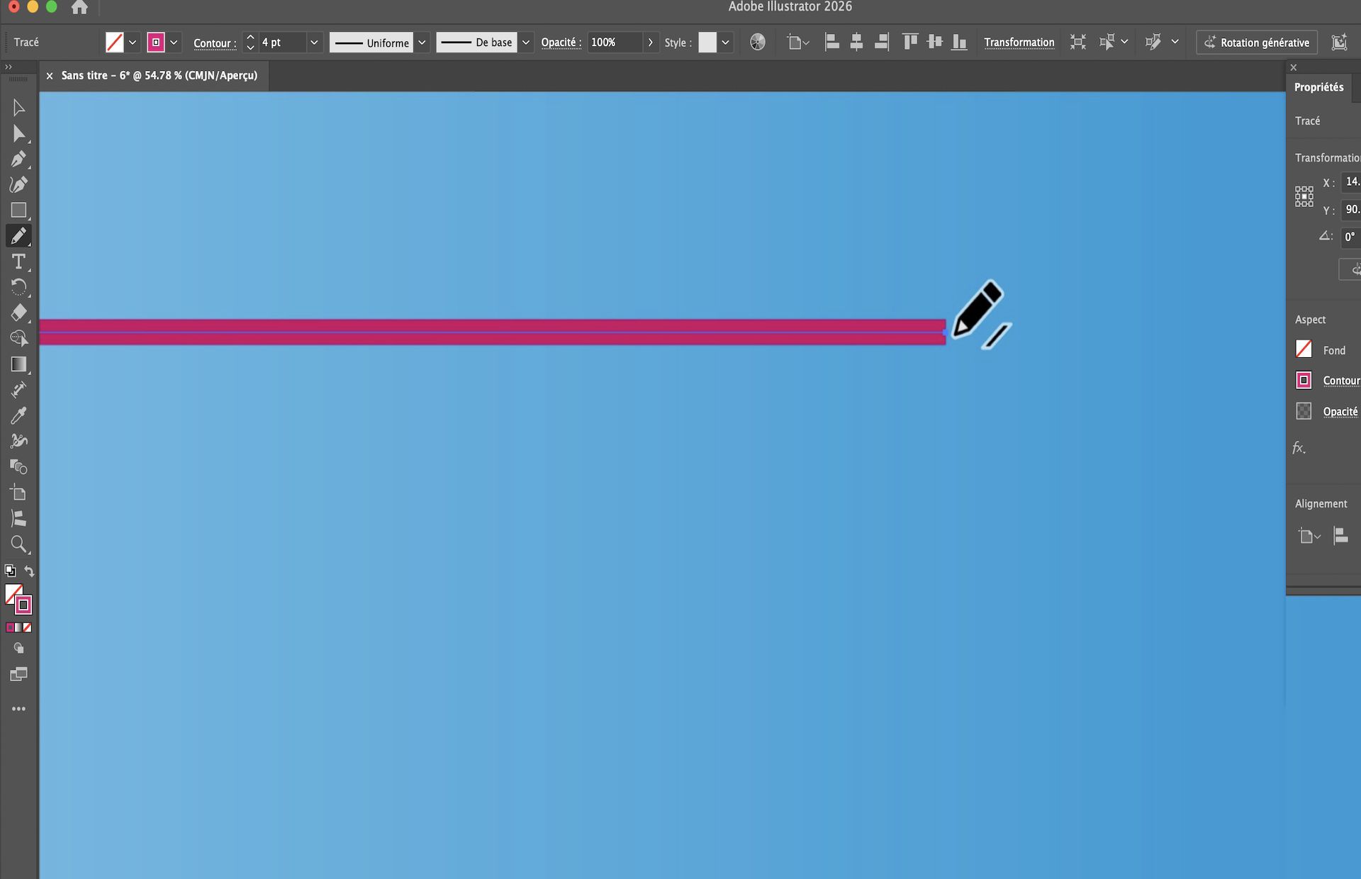 Zone de travail Illustrator montrant l’outil Crayon prolongeant un tracé droit rose.