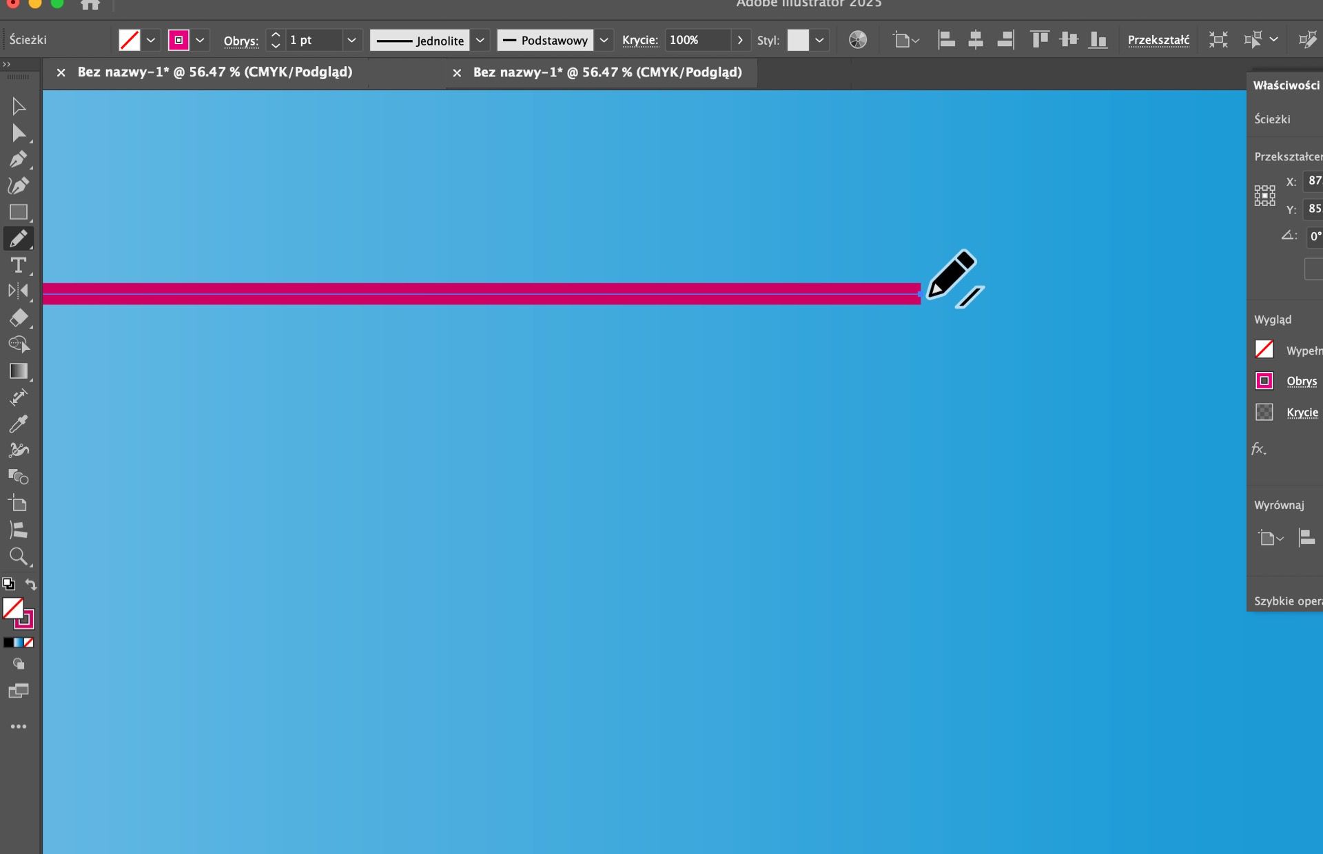 Obszar roboczy Illustrator pokazujący Narzędzie Ołówek wydłużające prostą różową ścieżkę.