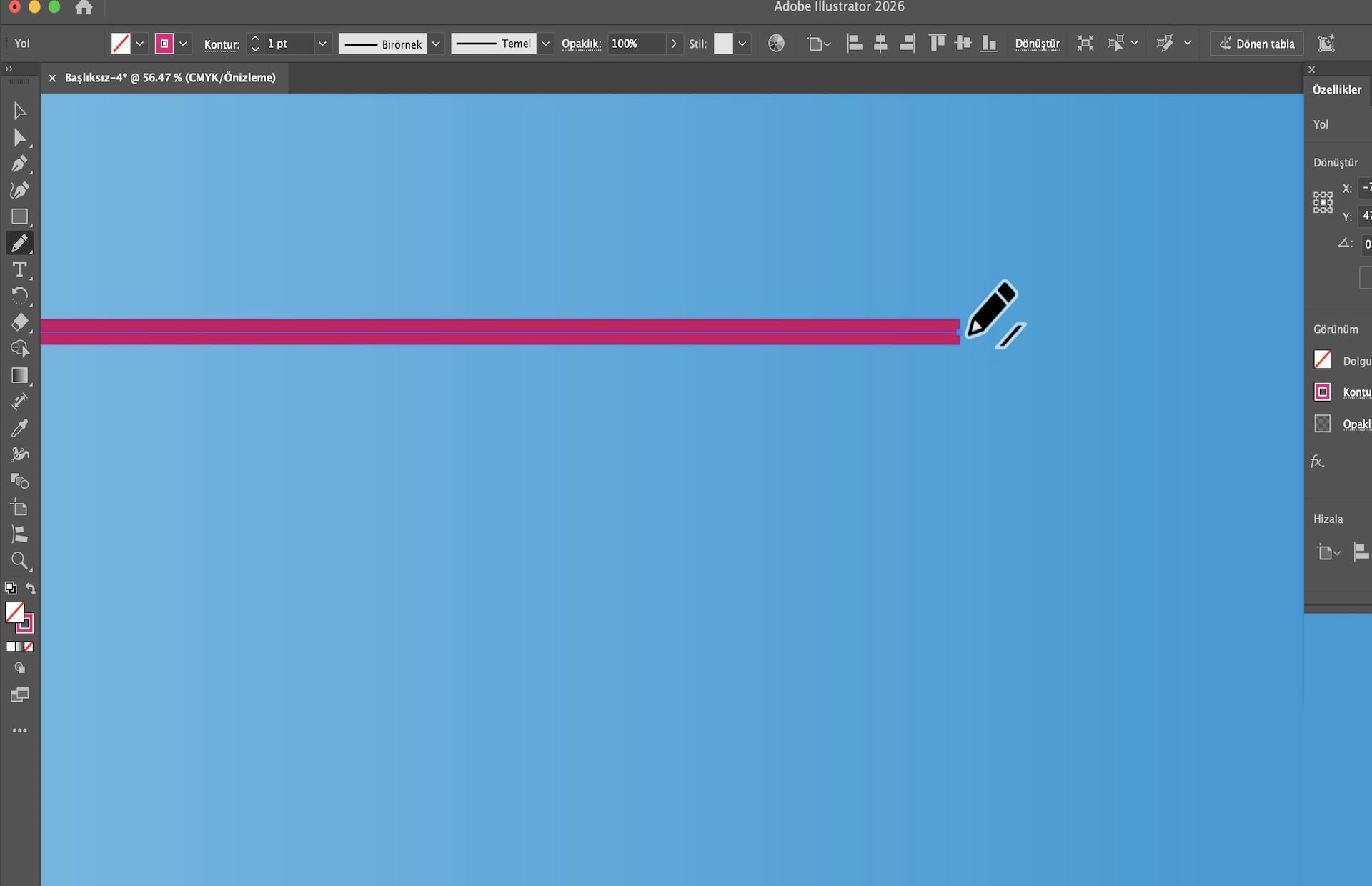 Düz pembe bir yolu uzatan Kurşun Kalem aracının gösterildiği Illustrator tuvali.