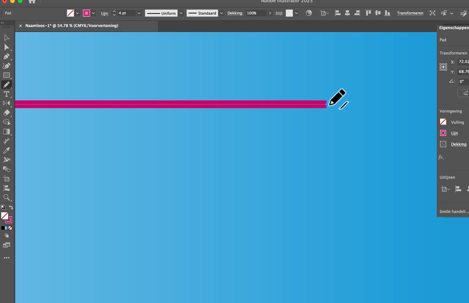 Illustrator canvas met Potlood dat een recht roze pad verlengt.