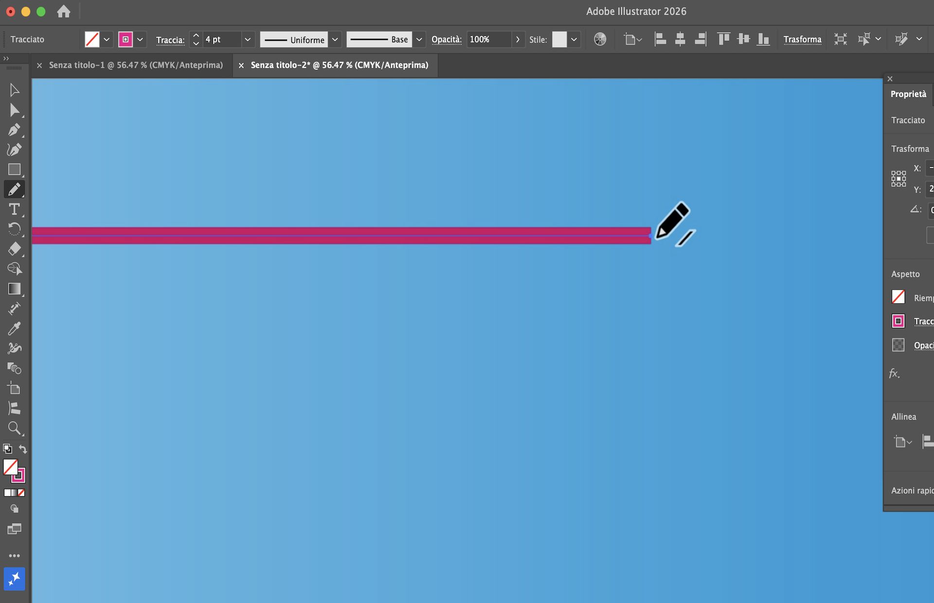 Area di lavoro di Illustrator che mostra lo Strumento Matita che estende un tracciato retto rosa.