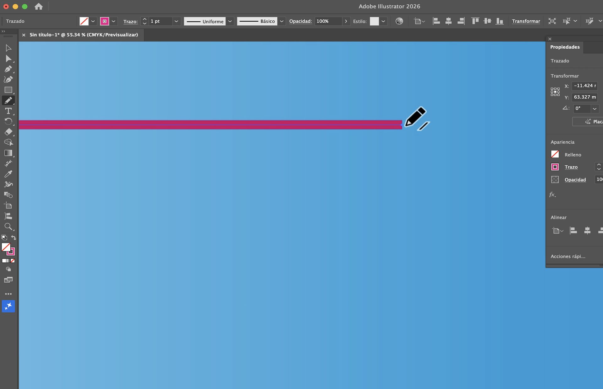 Lienzo de Illustrator mostrando la Herramienta Lápiz extendiendo una ruta rosa recta.