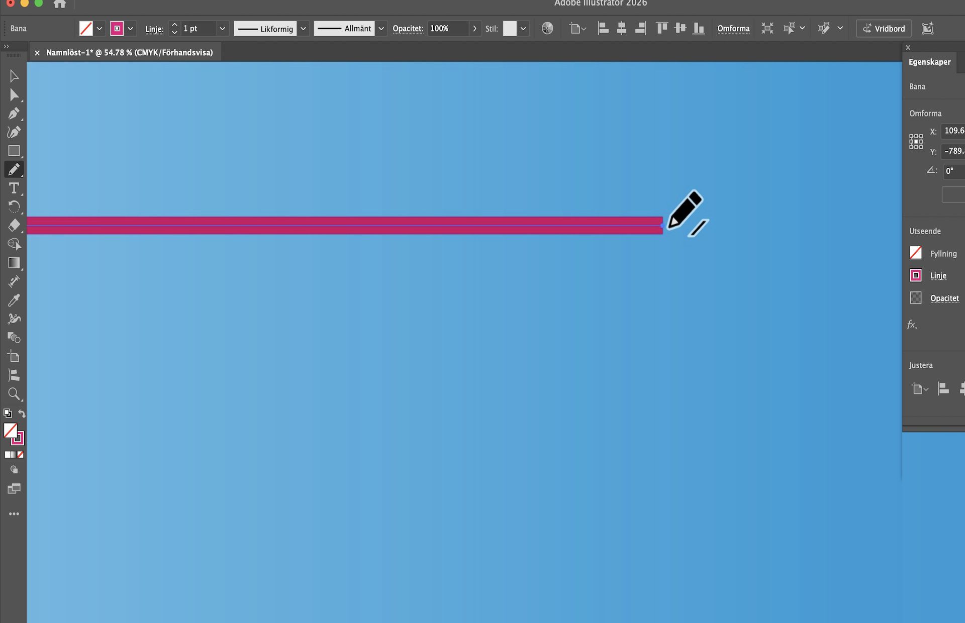 Illustrator arbetsyta som visar Penna som förlänger en rak rosa bana.