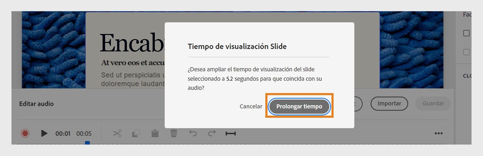 Imagen que muestra cómo ampliar el tiempo de la diapositiva