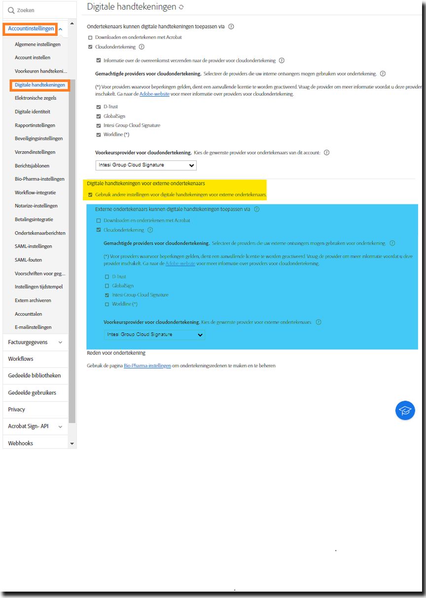 De pagina Configuratie digitale handtekening met de optie Instellingen voor externe ondertekenaars gemarkeerd.