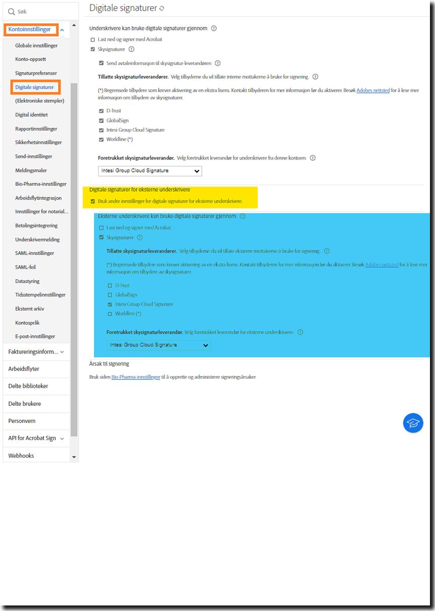 Konfigurasjonssiden for digital signatur med alternativet for eksterne underskrivere uthevet.
