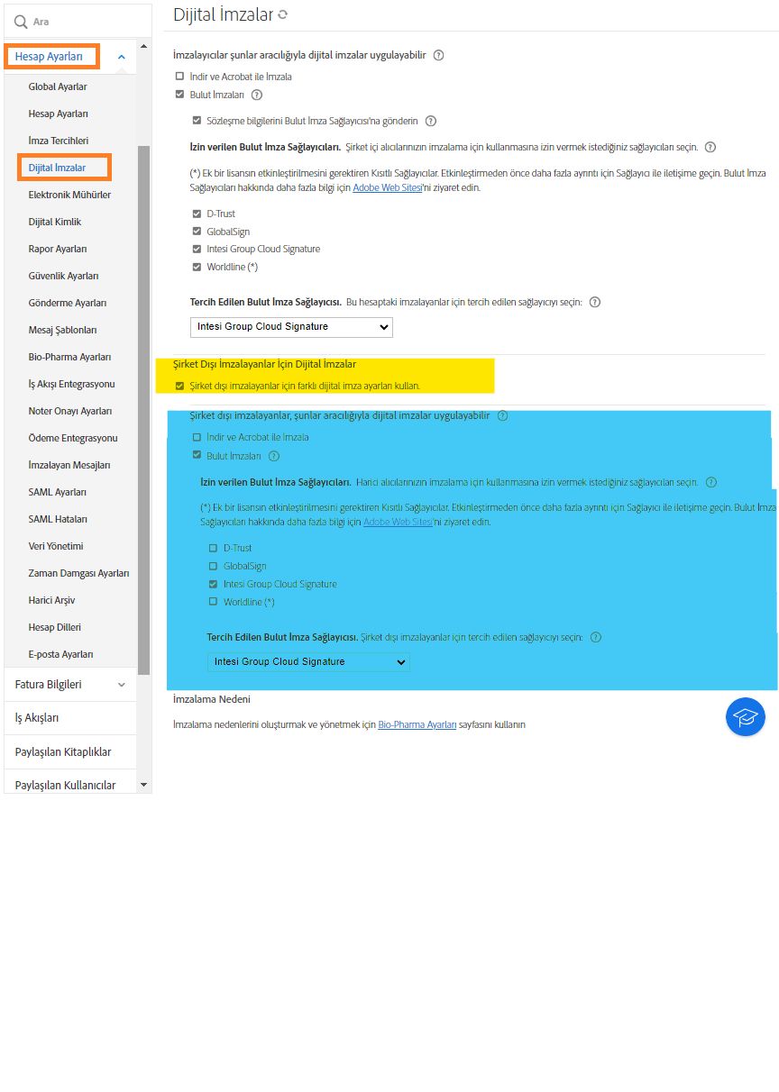Şirket dışı imzalayanlar için ayarların vurgulandığı Dijital İmza yapılandırma sayfası.