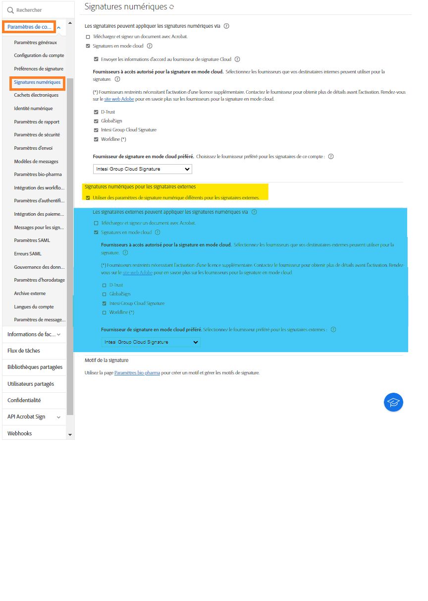 Page de configuration Signature numérique avec les paramètres d’option des signataires externes mise en évidence.