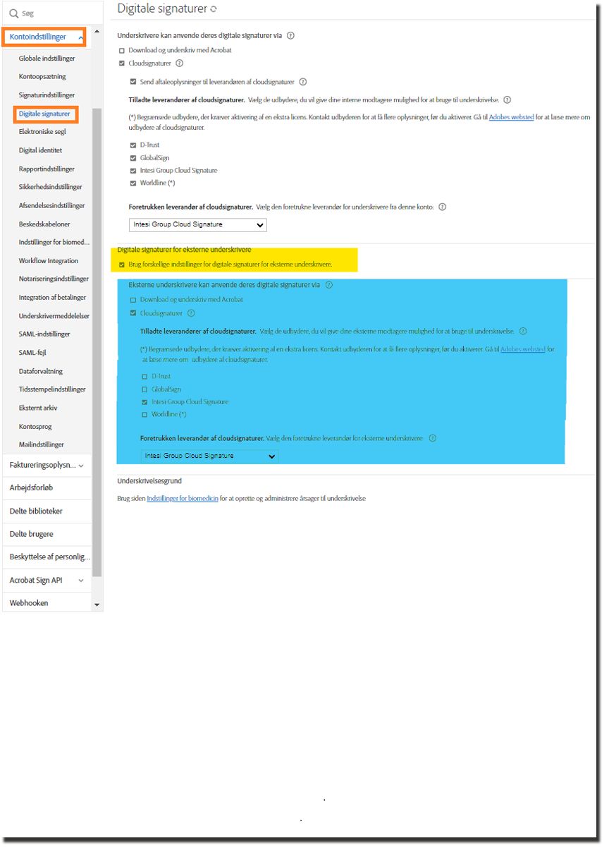 Konfigurationssiden for digitale signaturer med indstillingerne for eksterne underskrivere fremhævet.