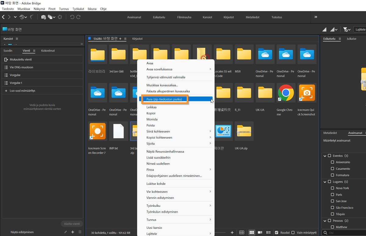 Pura (zip-tiedoston purku) tiedostoja helposti Adobe Bridgessä.