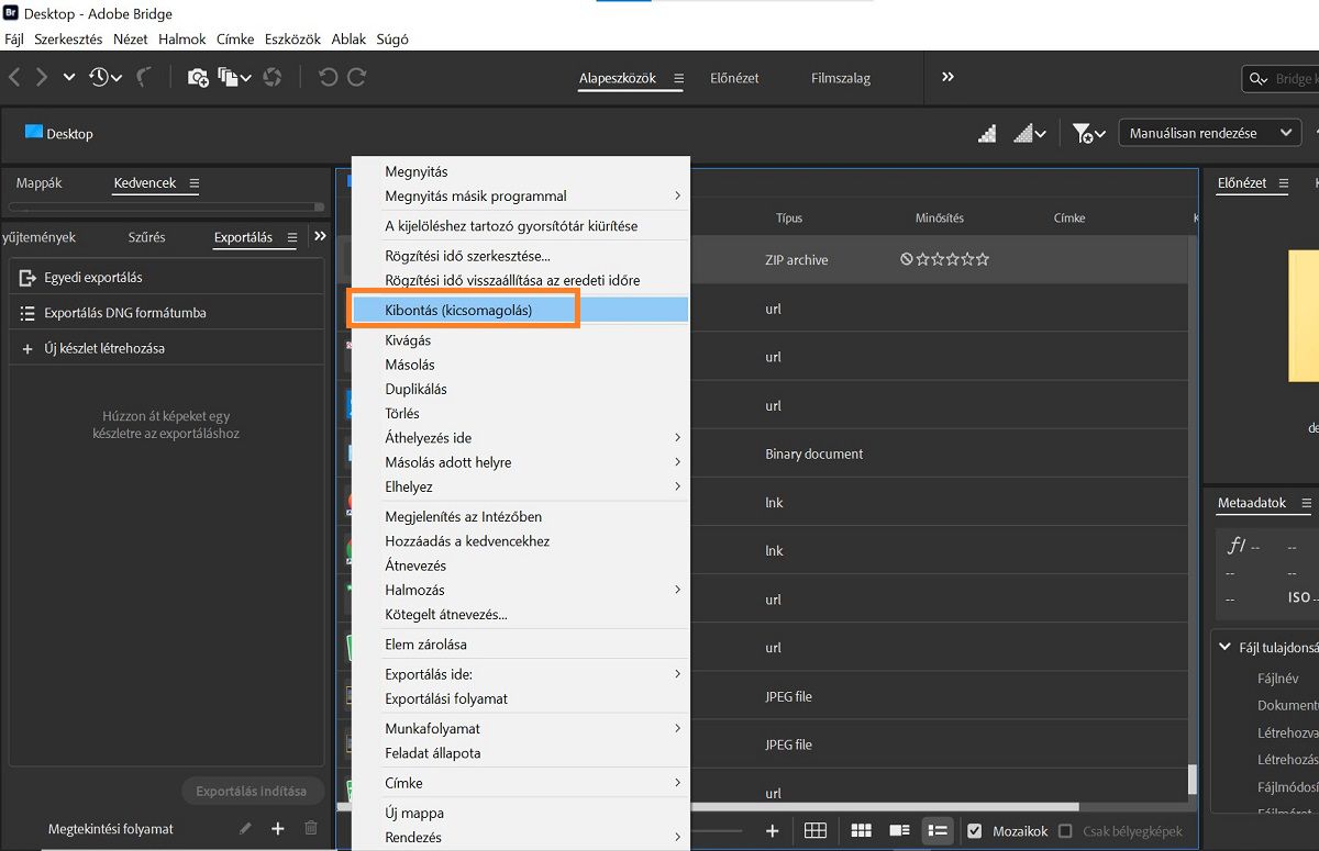 Fájlok egyszerű Kibontása (kicsomagolása) az Adobe Bridge alkalmazásban.