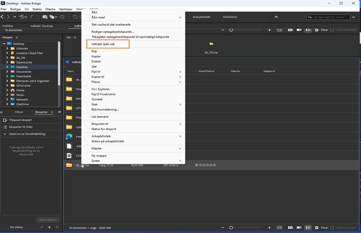 Udtræk (udpak) nemt filer i Adobe Bridge.