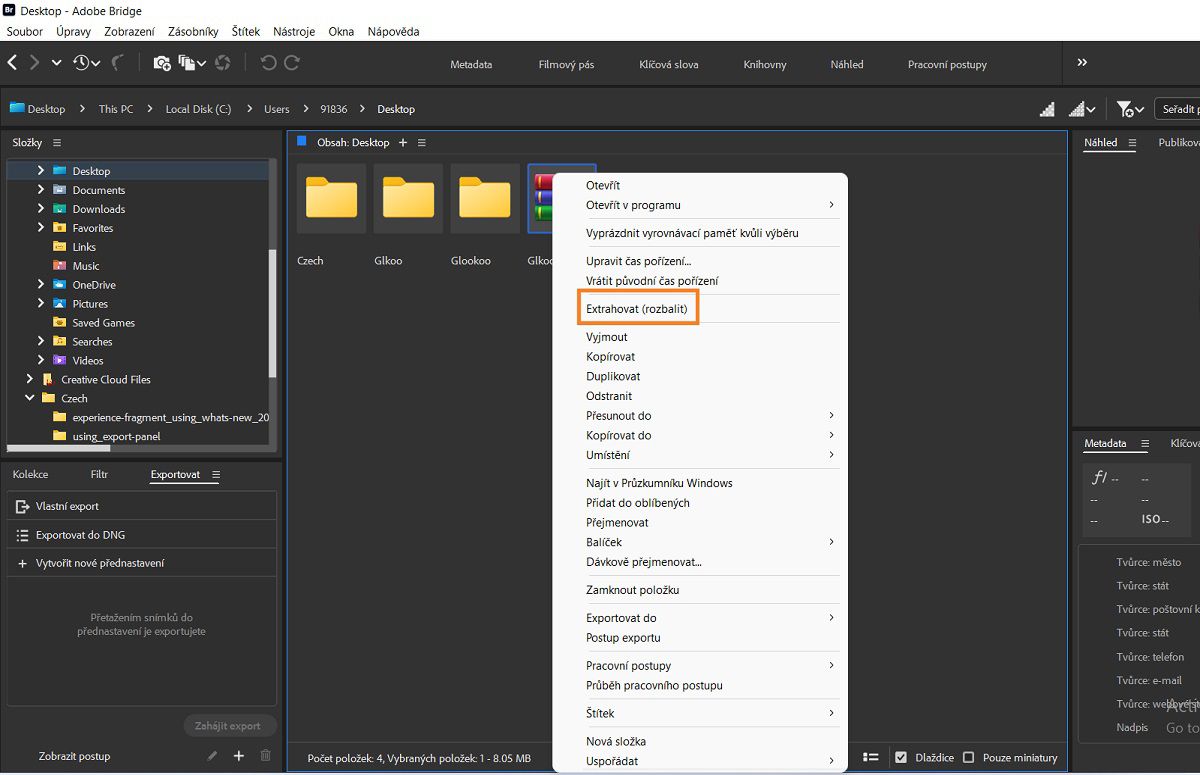 Snadno extrahujte (rozbalte) soubory v aplikaci Adobe Bridge.