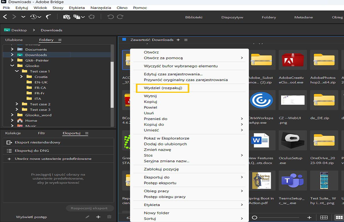 Łatwe wyodrębnianie (rozpakowywanie) plików w programie Adobe Bridge.