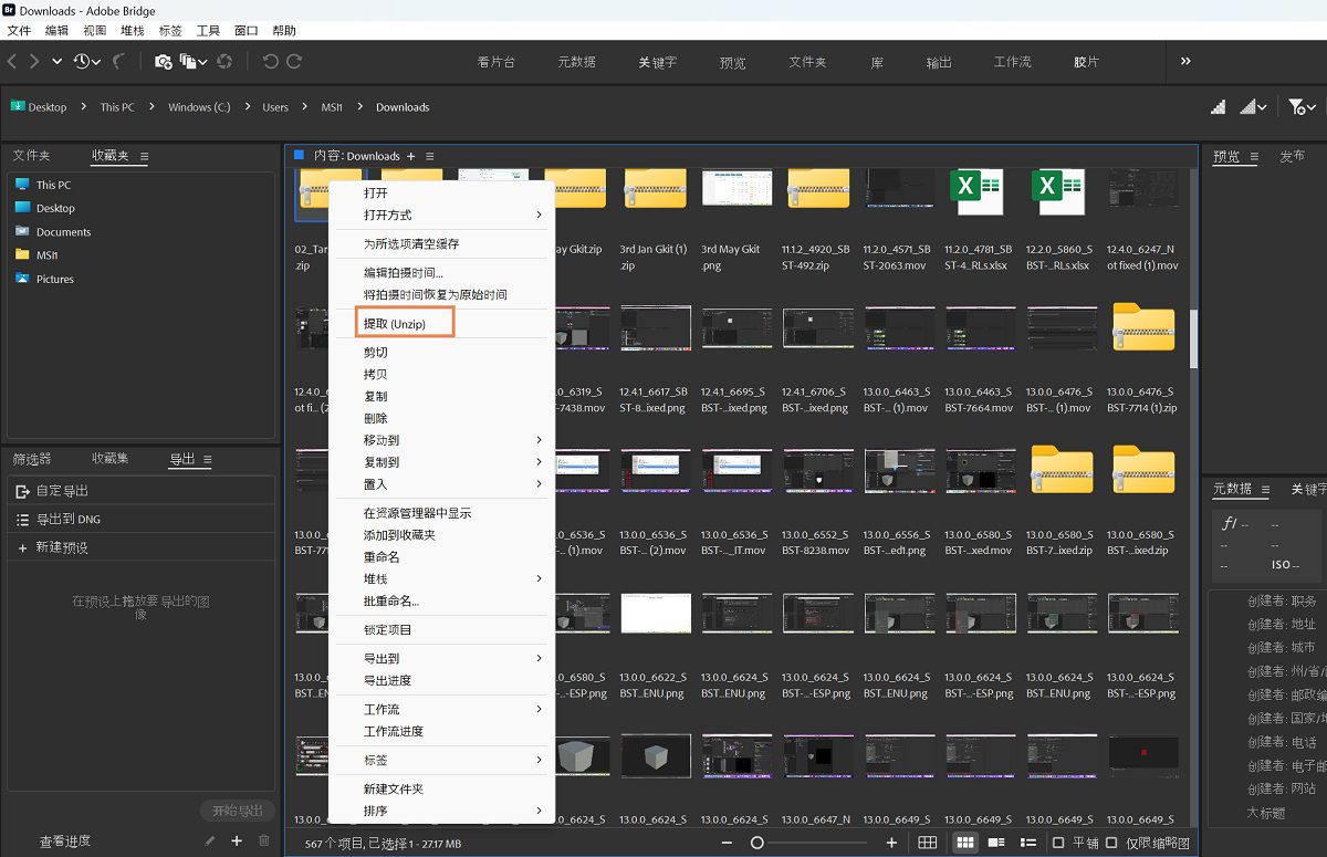 在 Adobe Bridge 中轻松解压缩 (Unzip) 文件。