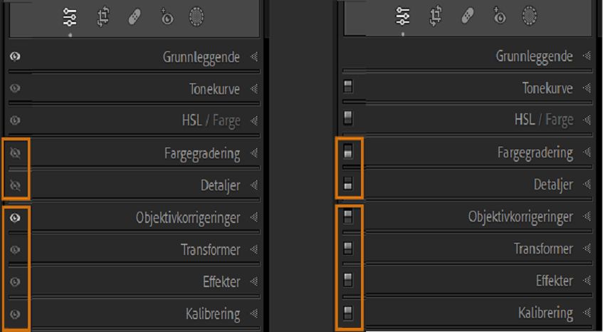 Skjermbilde av paneler i Fremkallingsmodulen med øyeikoner på venstre bilde og panelbrytere på høyre bilde ved å holde nede Alt- eller Tilvalg-tasten.