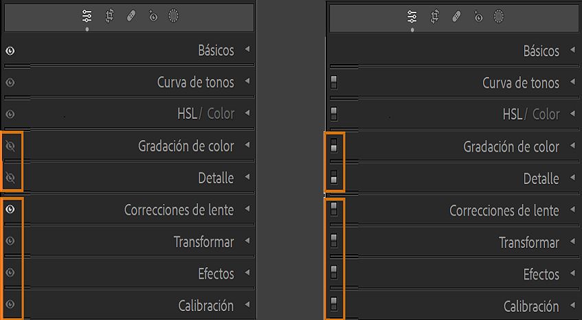 Captura de pantalla de los paneles del módulo Revelar con los iconos de ojo en la imagen izquierda y los interruptores de panel en la imagen derecha manteniendo pulsada la tecla Alt u Opción.
