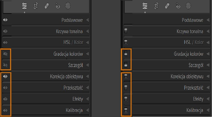 Zrzut ekranu paneli modułu wywoływania z ikonami oka na lewym obrazku i przełącznikami paneli na prawym obrazku poprzez przytrzymanie klawisza Alt lub Option.