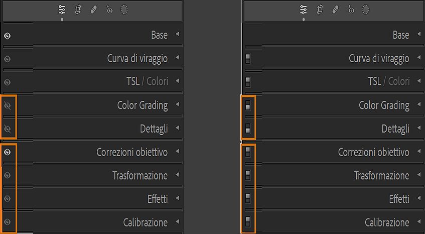 Schermata dei pannelli del modulo Sviluppo con icone a forma di occhio sull’immagine a sinistra e interruttori dei pannelli sull’immagine a destra tenendo premuto il tasto Alt o Opzione.
