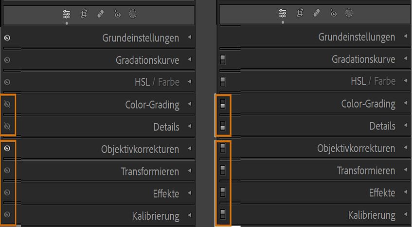 Screenshot der Bedienfelder des Entwicklungsmoduls mit Augensymbolen im linken Bild und den Bedienfeldschaltern im rechten Bild, wenn die Alt- oder Wahltaste gedrückt wird.