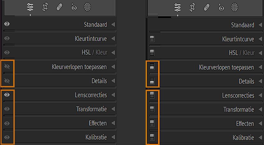 Schermafbeelding van deelvensters Ontwikkelen met een oogpictogram in de linkerafbeelding en een deelvensterschakelaar in de rechterafbeelding door Alt of Option ingedrukt te houden.