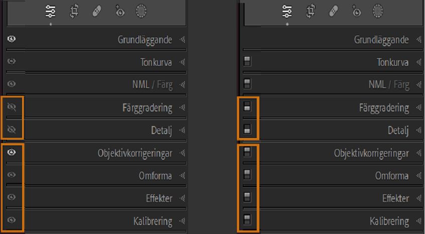 Skärmbild av panelerna i modulen Framkalla med ögonikoner på den vänstra bilden och panelknappar på den högra bilden som visas genom att hålla ned Alt-tangenten.