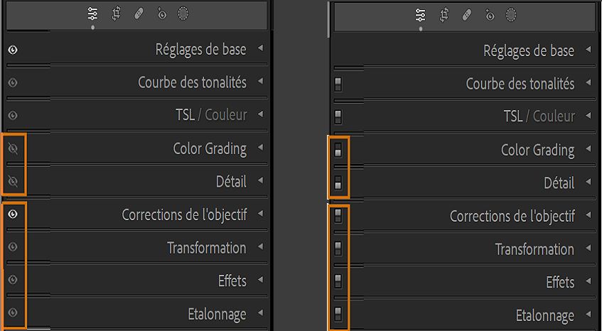 Capture d’écran des panneaux du module Développement avec les icônes Œil sur l’image de gauche et les boutons de panneau sur l’image de droite quand la touche Alt ou Option est enfoncée.