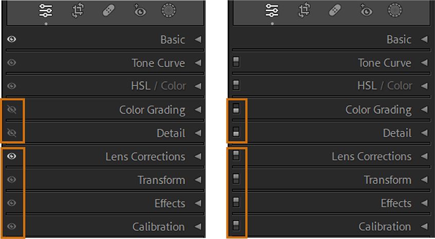 Screenshot of Develop Module panels with Eye icons on the left image and panel switches on the right image by holding the Alt or Option key.