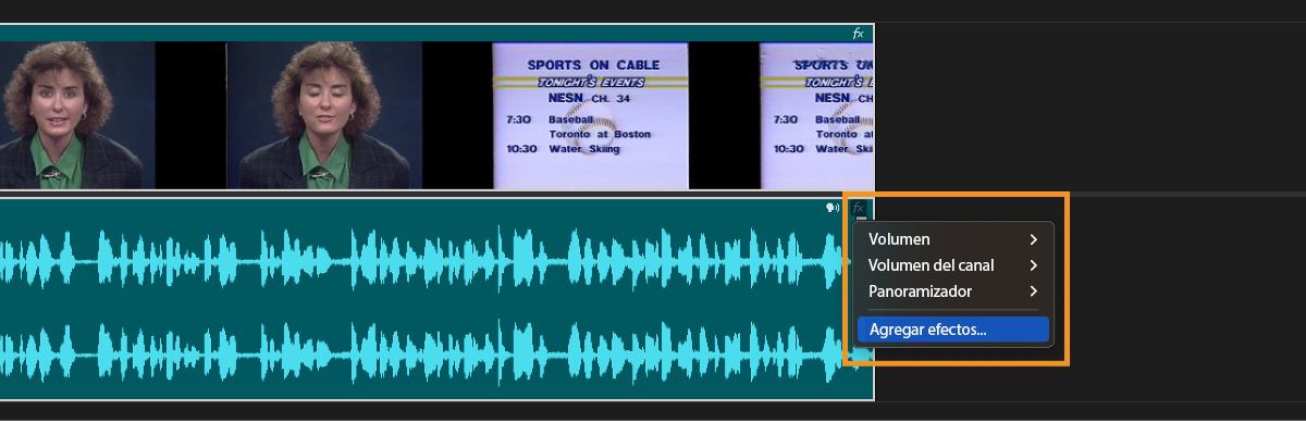 La IU muestra la opción Editar tipo de audio seleccionada con la opción para seleccionar entre los cuatro tipos de audio: diálogo, música, SFX y ambiente abiertos.