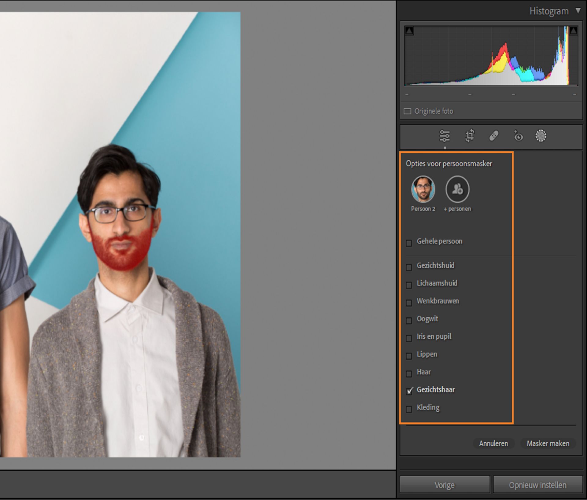 Een afbeelding van een man met een gemaskeerde baard ter demonstratie van de automatische maskering van gezichtshaar