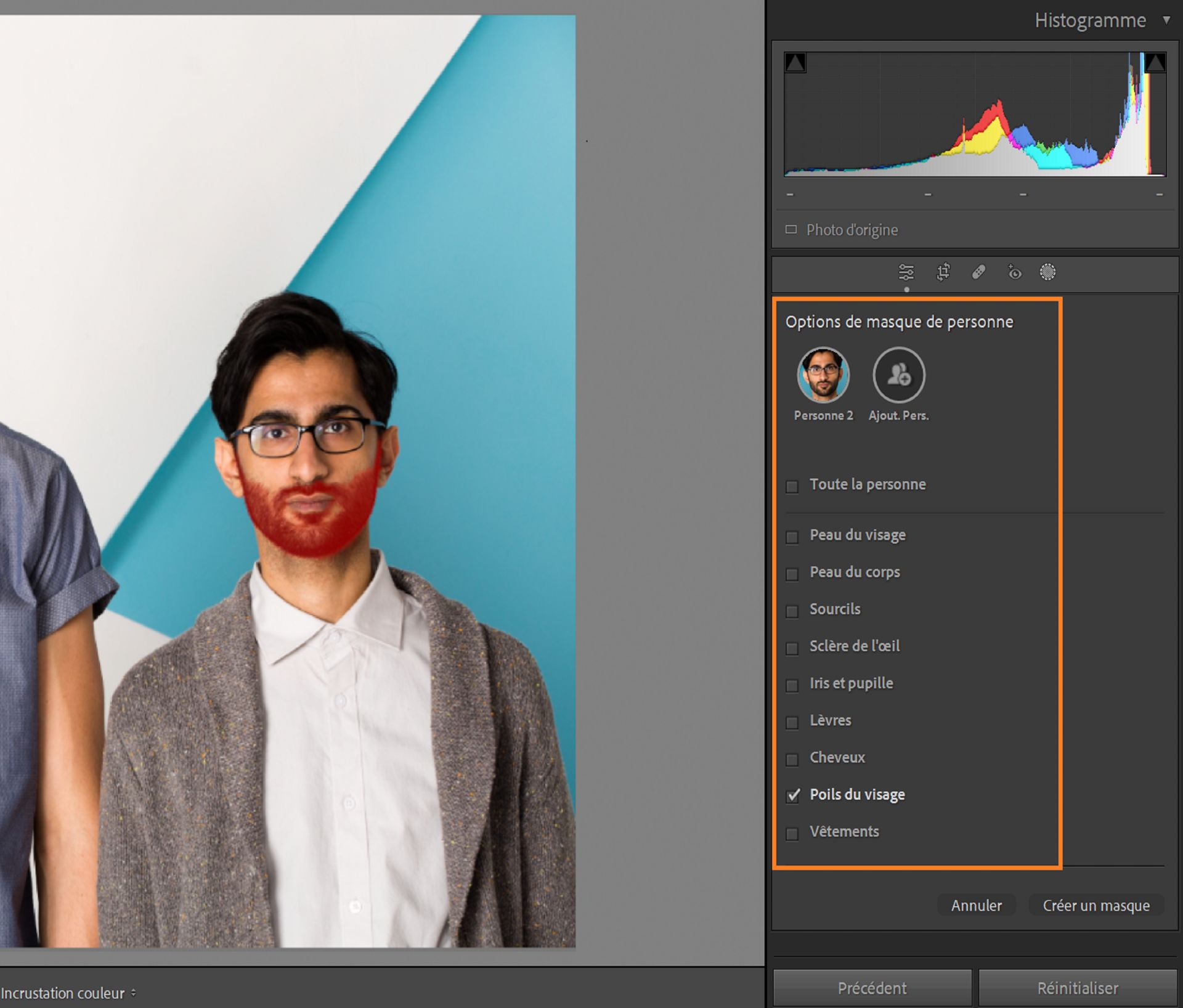 Photo d’un homme à la barbe masquée illustrant la fonction de masquage automatique des poils du visage