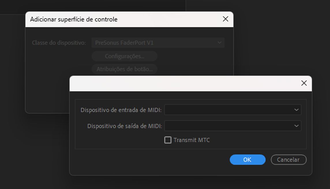 Configurações da superfície de controle