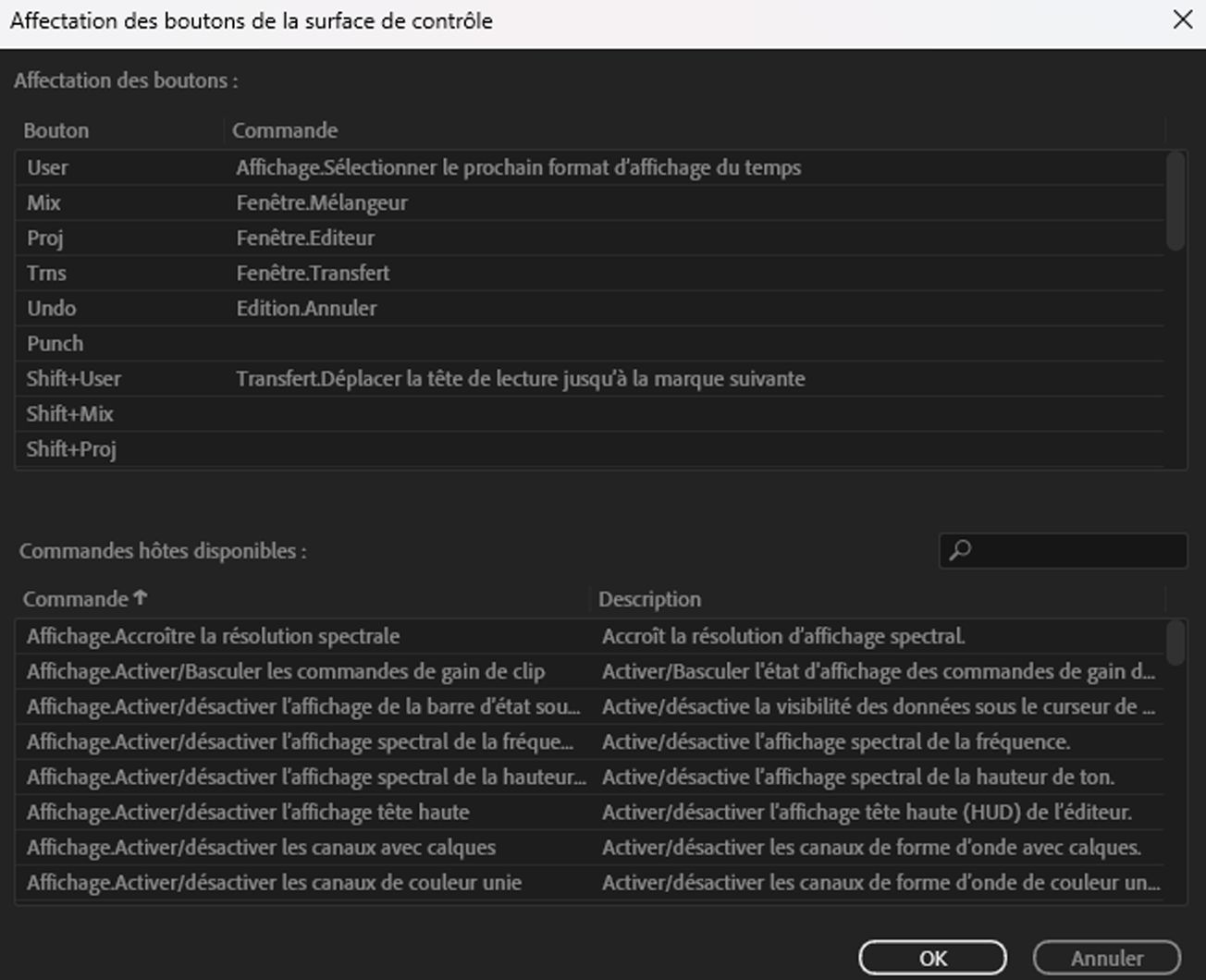 Paramètre Affectation des boutons