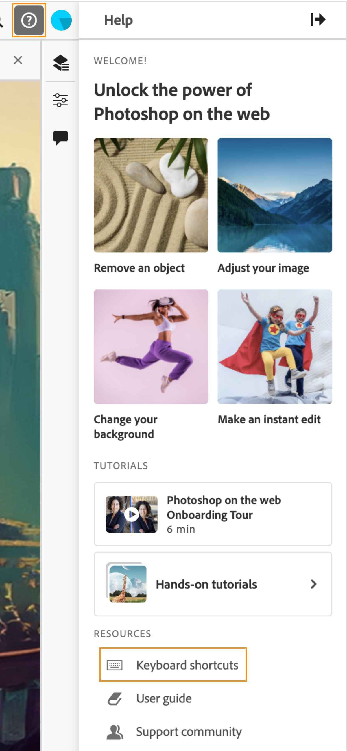 Het menu Help in Photoshop op internet