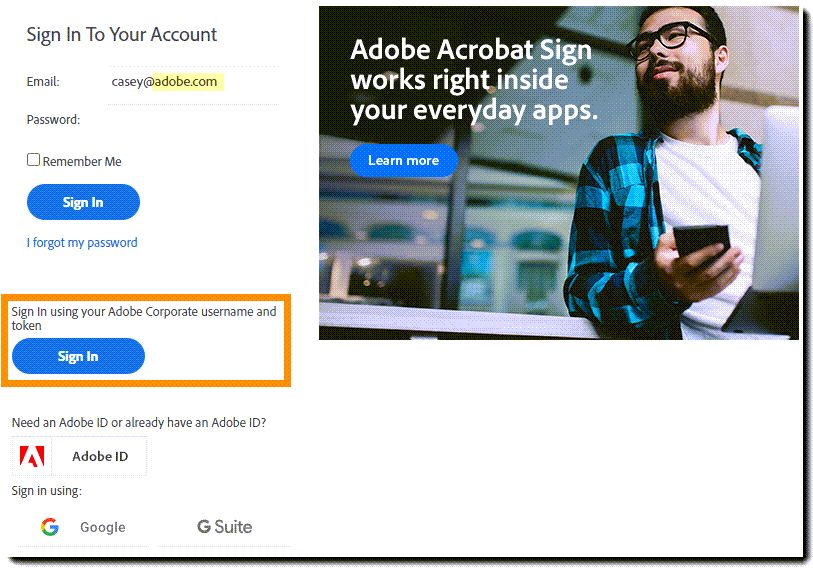 Inloggningssidan för Acrobat Sign som visar knappen Federerad inloggning för Adobe