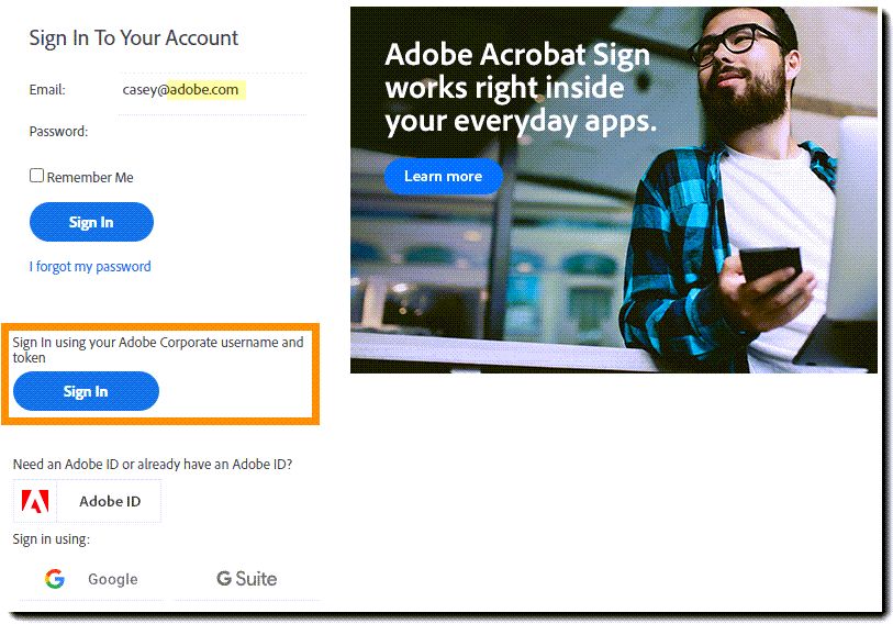 Strona logowania Acrobat Sign z przyciskiem federacyjnego logowania Adobe