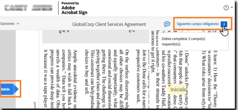 Página de firma electrónica con la flecha de campo &quot;Siguiente&quot; y el vínculo &quot;Campos obligatorios&quot; resaltado