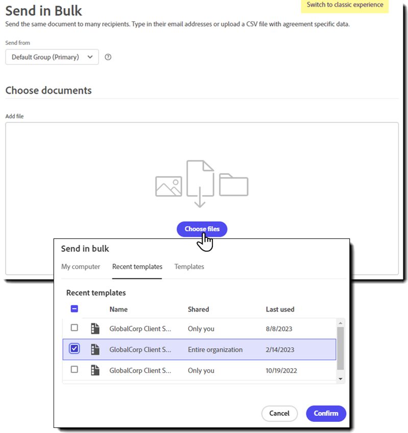 De sectie met de overeenkomstdetails van de interface In bulk verzenden met de bestandskiezer gemarkeerd