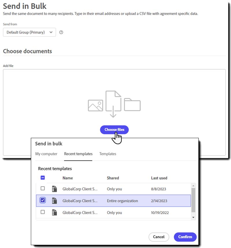 Erälähetys-käyttöliittymän Sopimuksen tiedot -osio, jossa tiedostonvalitsin on korostettuna