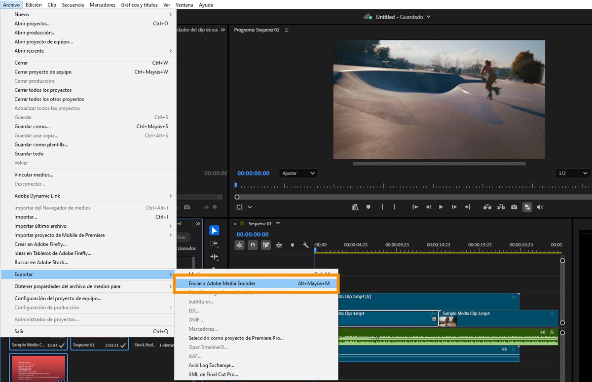 Menú Archivo abierto con la opción de exportación Enviar a Adobe Media Encoder resaltada sobre la cronología.