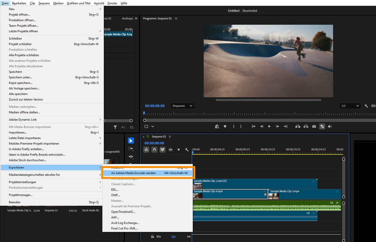 Datei-Menü geöffnet mit der hervorgehobenen Export-Option „An Adobe Media Encoder senden“ über dem Schnittfenster.