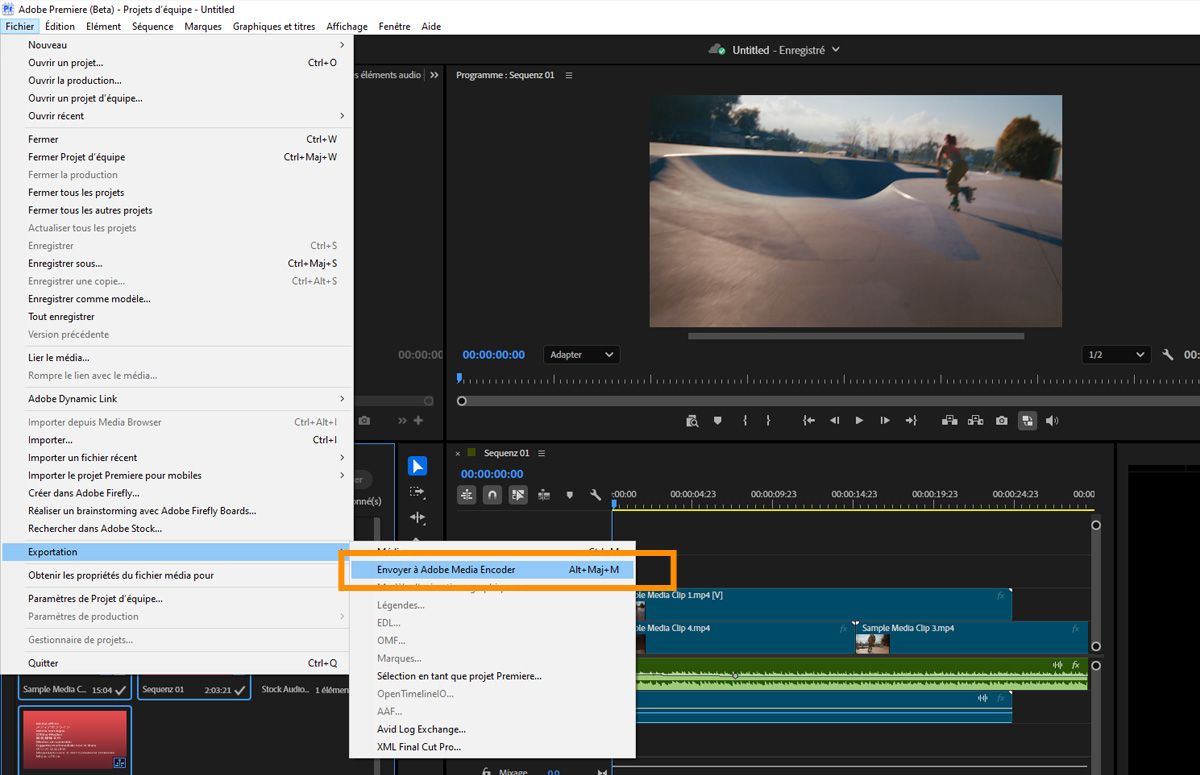 Menu Fichier ouvert avec l'option d'export Envoyer vers Adobe Media Encoder mise en surbrillance au-dessus du montage.