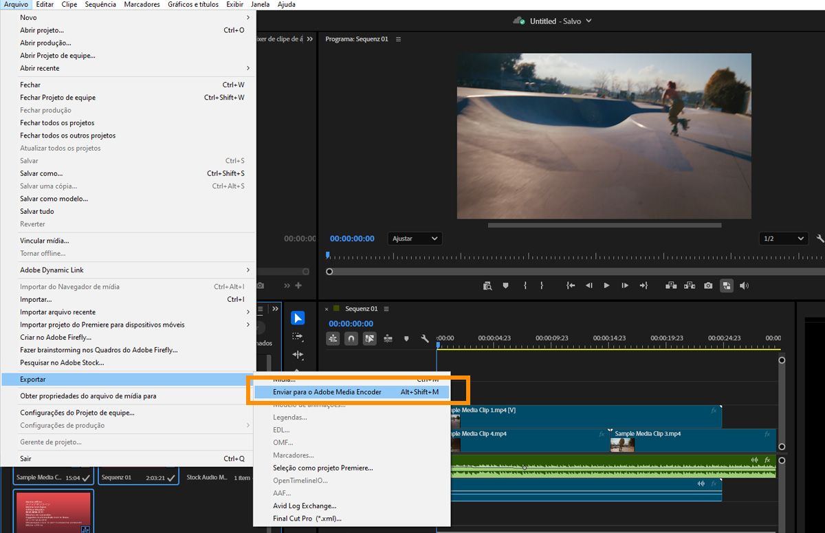 Menu Arquivo aberto com a opção de exportação Enviar para Adobe Media Encoder destacada acima da linha do tempo.
