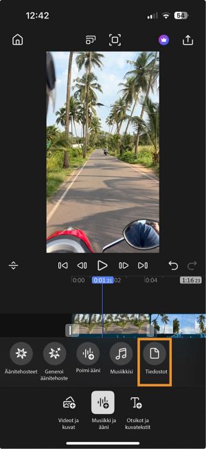 Musiikki- ja äänivalikossa korostettu Tiedostot-vaihtoehto, jolla lisätään äänisisältöä iPhonen tallennustilasta.